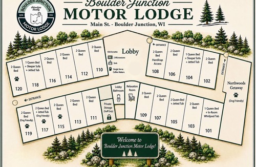 Boulder Junction Apartment | One queen bed, private bathroom, two-person whirlpool tub, mini fridge, and single-serve coffee maker.