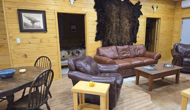 Peaceful 2-bedroom cabin with AC in charming Irons, hot tub, sauna, covered deck in Irons